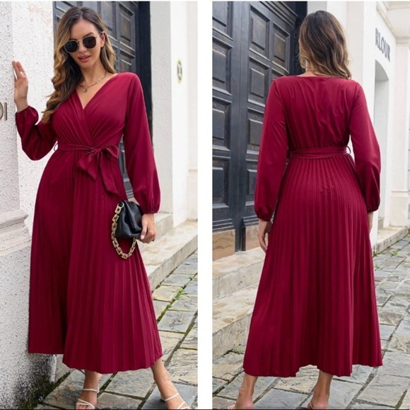 Red Pleated Long Sleeve Surplice Maxi Dress - Picture 2 of 2